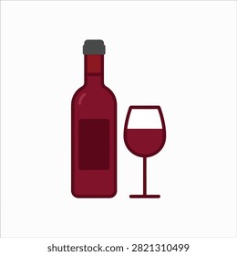 A bottle of red wine next to a wine glass on a plain background