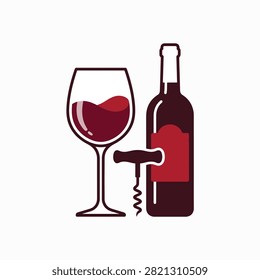 A bottle of red wine next to a wine glass filled with red wine on a plain background