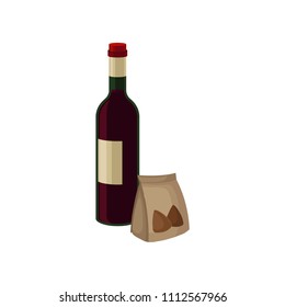 Bottle of red wine and nuts in small paper bag. Alcoholic beverage. Liquor store. Flat vector elements for banner or poster
