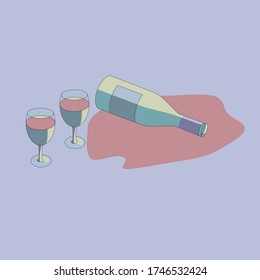 A bottle of red wine on a  lilac background and some glasses of red wine. Flat illustration 