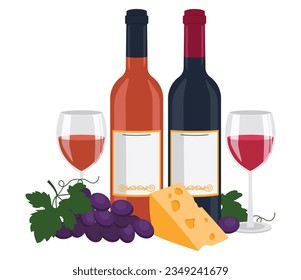 Bottle of red wine and a bottle of orange wine, wine in glasses, cheese and grape. Vector graphic.