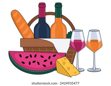 Bottle of red wine, a bottle of orange wine, wine glasses, cheese, baguette, watermelon and a picnic basket. With an outline. Vector graphic.