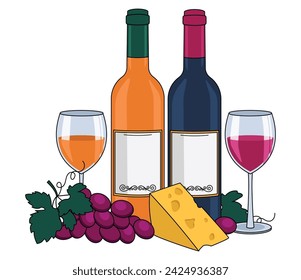 Bottle of red wine and a bottle of orange wine, wine in glasses, cheese and grapes. With an outline. Vector graphic.