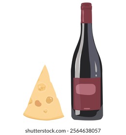 Bottle of red wine with a piece of cheese in a simple style. Collection wines. Vector flat illustration. Template for menu or winery design.