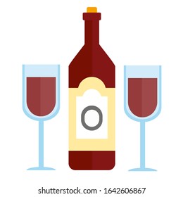 Bottle of red wine with two full glasses. Vector image. EPS 10.