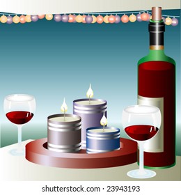 A bottle of red wine and two full glasses
wine on a blue background with a Christmas-tree decorations.
So the same burning candles in the foreground.