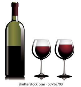 A bottle of red wine and two full wineglasses.