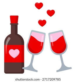 Una botella de vino tinto y dos vasos llenos de líquido tinto, rodeados de corazones flotantes, simbolizando el amor y el romance.