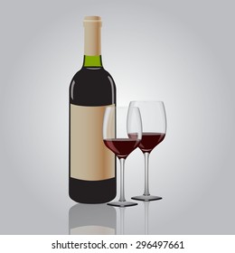 Bottle of red wine and two wine glasses. Vector illustration.