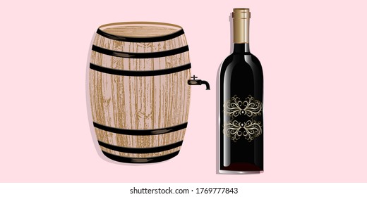 Bottle of red wine, vintage ornament - wooden barrel with a tap - illustration, vector. Banner.