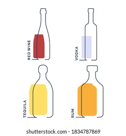 Vódka tequila de vino tinto frasco línea continua en estilo lineal sobre fondo blanco. Borde fino negro y relleno de color. Diseño gráfico moderno de estilo plano. Ilustración del elemento de contorno del logotipo. Vector.
