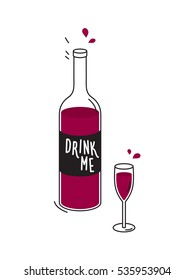 Bottle of red wine and wineglass. Doodle drawing. Vector