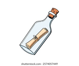 Bottle with a rolled-up message inside, drawn in a vintage sketch style. Ideal for nautical themes or storytelling visuals. Vector illustration