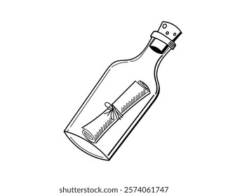 Bottle with a rolled-up message inside, drawn in a vintage style. Ideal for nautical themes or storytelling visuals. Vector illustration.