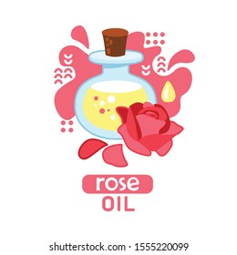 bottle with rose essential oil, next to a rose flower and rose petals, label, icon, isolated