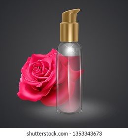 Bottle of rose oil on dark background, glass vial with professional facial serum on red rose background, realistic Vector illustration