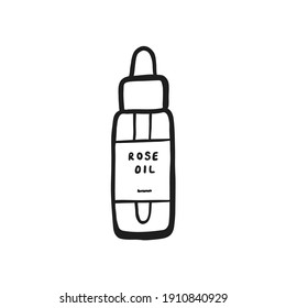 Botella con icono del vector del aceite de rosa aislado en un fondo blanco. Ilustración de tinta negra.