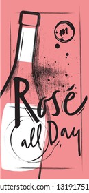 A Bottle Of Rose Sparkling Wine On A Pink Background. Vintage Style And Coal Lettering - Rose All Day