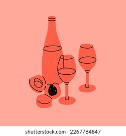 Bottle of rose or white wine, two glasses with wine and sweet tasty peaches. Hand drawn modern Vector illustration. Isolated design element. Summer picnic, romantic party, food and drink concept