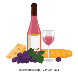 Bottle of rose wine, wine in a glass, cheese, baguette and grape. Vector graphic.