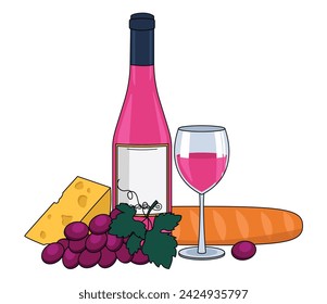 Bottle of rose wine, wine in a glass, cheese, baguette and grape. With an outline. Vector graphics.