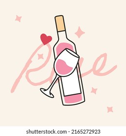 A Bottle Of Rose Wine With Glass Illustration Icon. Hand Drawn Design Showing Wine with Glass, over the Pink Rose Text. Editable Vector, Isolated Background.