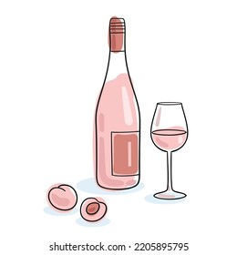 Botella de vino rosa con vidrio y durazno. Imagen hecha a mano con estilo de línea. Contorsión negra con manchas de color. Aislado sobre fondo blanco.  Ilustración plana vectorial. Plantilla para el diseño de menús