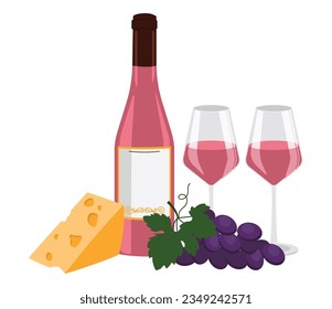 Bottle of rose wine, wine in a glasses, cheese and grape. Vector graphic.