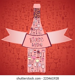 A bottle of rose wine on the background of the wine glasses. Vector illustration