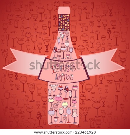 A bottle of rose wine on the background of the wine glasses. Vector illustration