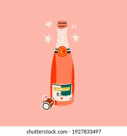 Bottle of Rose wine. Sparkling wine. Hand drawn colorful Vector illustration. Celebration concept. Gretting card or Poster template. Bottle is isolated