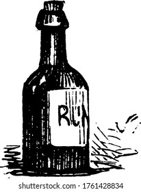 Bottle of Rum, it is a distilled alcoholic drink made from sugarcane byproducts., vintage line drawing or engraving illustration. 