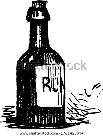 Bottle of Rum, it is a distilled alcoholic drink made from sugarcane byproducts., vintage line drawing or engraving illustration. 