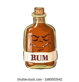 Bottle of rum with facial expression, funny cartoon picture in a flat style. Alcoholic drink. Vector for design t-shirts typography cards and posters.