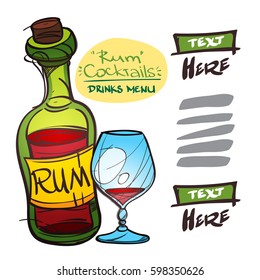 Bottle with rum and a glass. The elements for infographics with a hand-drawing style.