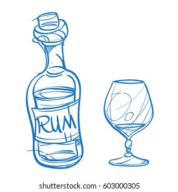 Bottle with rum and a glass. The elements for infographics with a hand-drawing style.