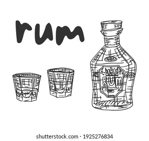 bottle of rum and glasses with alcohol. doodle sketch illustration