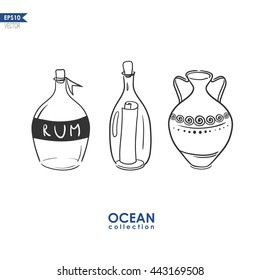 bottle of rum, letter in a bottle and antique amphora isolated on white, vector sketch