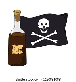 Bottle of rum and a pirate flag. Black flag with a white skull and bones. Design elements for a pirate party. Isolated objects on white background. Hand drawing. Vector illustration. Cartoon style.