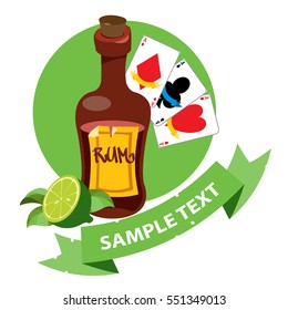Bottle of rum and playing cards clipart on pirate theme.