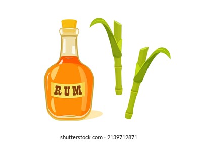 Bottle of rum with sugar cane stems and leaves on white background.