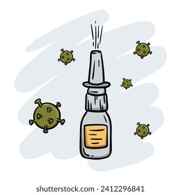 A bottle of runny nose spray and flu viruses flying in the air