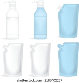 Bottle And Sachet Of Cleaning Solution On White Background.