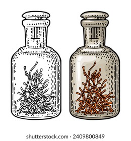 Bottle with saffron dry threads. Vintage vector color engraving illustration. Isolated on white background. Hand drawn design element for label, poster, web, invitation to party