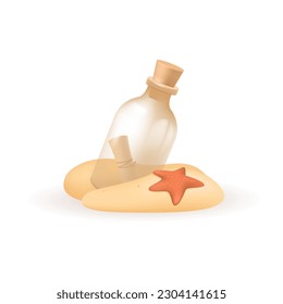 Bottle in sand 3d vector illustration. Letter and starfish on beach at sea in cartoon style isolated on white background. Summer, tourism, vacation, travel concept