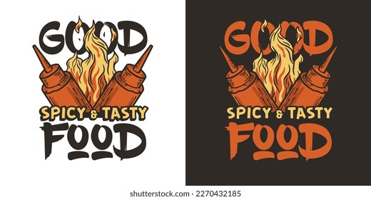 Bottle sauce with ketchup and mustard in fire for food logo or emblem. Good food or BBq tomato sauce for menu and poster.