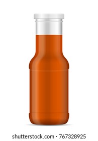 Bottle with sauce on a white background.