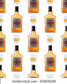 Bottle Scotch seamless pattern. Glass of whiskey and ice ornament. bourbon background. Drink backdrop. Alcohol texture
