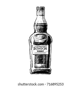 Bottle of Scotch whisky. Vector hand drawn illustration of Distilled beverage in vintage engraved style. isolated on white.