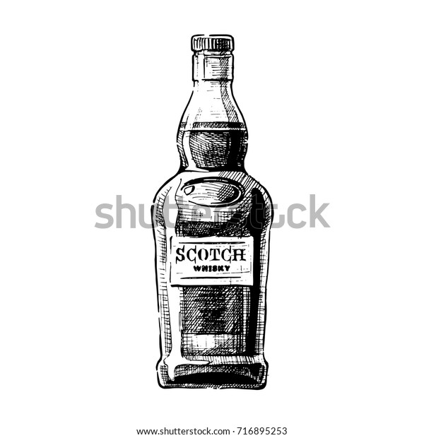 スコッチ ウィスキーの瓶 ビンテージ彫刻様式の蒸留飲料のベクター手描きのイラスト 白い背景に のベクター画像素材 ロイヤリティフリー